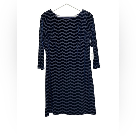 Eliza J | NWT Navy Velvet 3/4 Sleeve Zigzag Shift Dress Sz 12 P - Picture 2 of 12